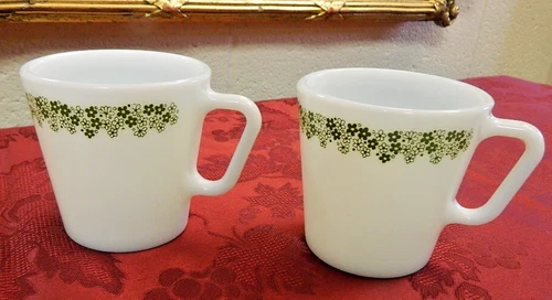 Vintage 70s Lot Of 2 Pyrex Crazy Daisy Spring Blossom Green Coffee Cups Mugs