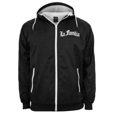 Herren Windbreaker Regenjacke LA FAMILIA Logo mit Kapuze weiss schwarz label