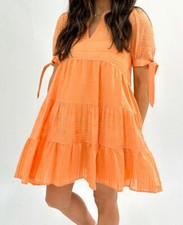 &Merci Dress Womens Size S Orange Tiered Babydoll Tie Sleeve Boho Flirty Lined