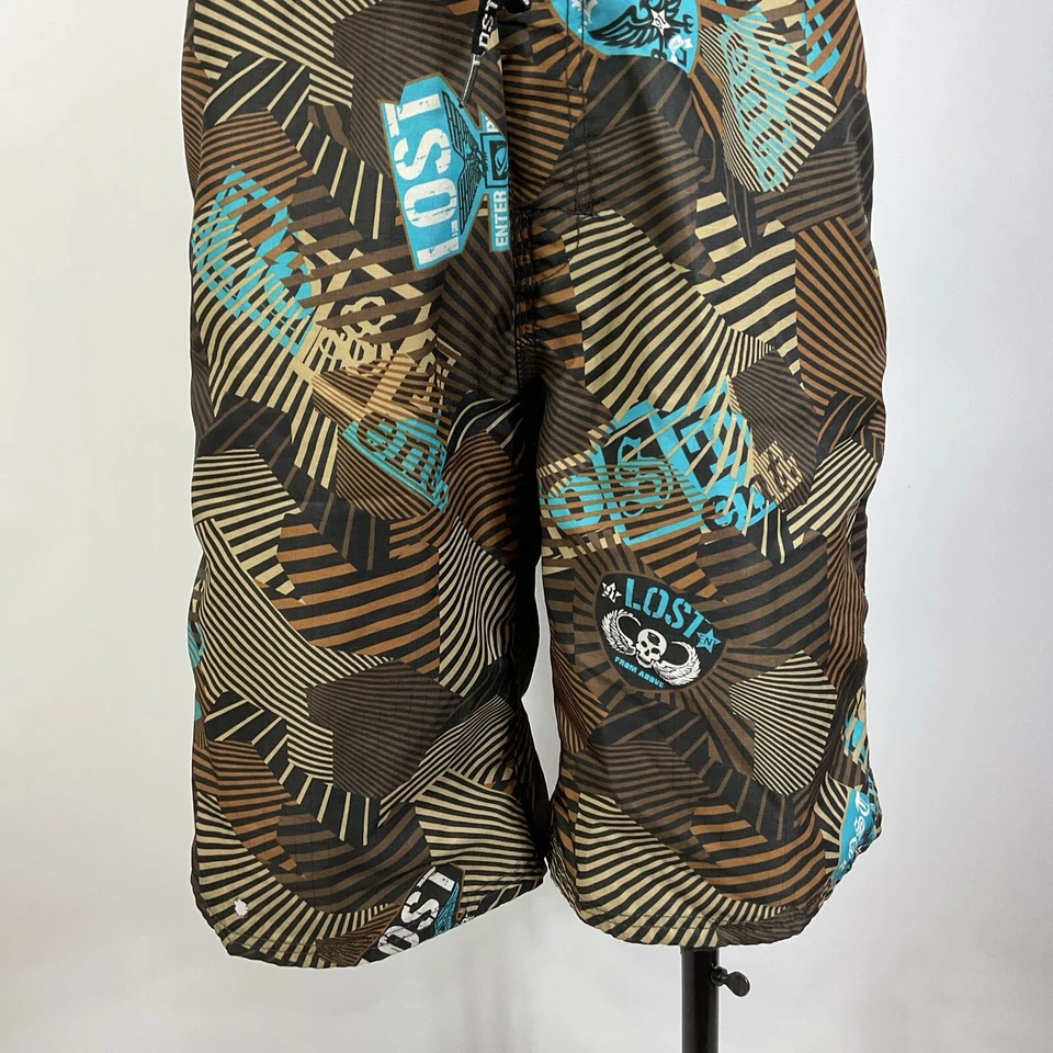 90 年代 Lost Mayhem Psycho 冲浪短裤 33 尼龙棕色抽象 X 长 — 第 4/4 张图片