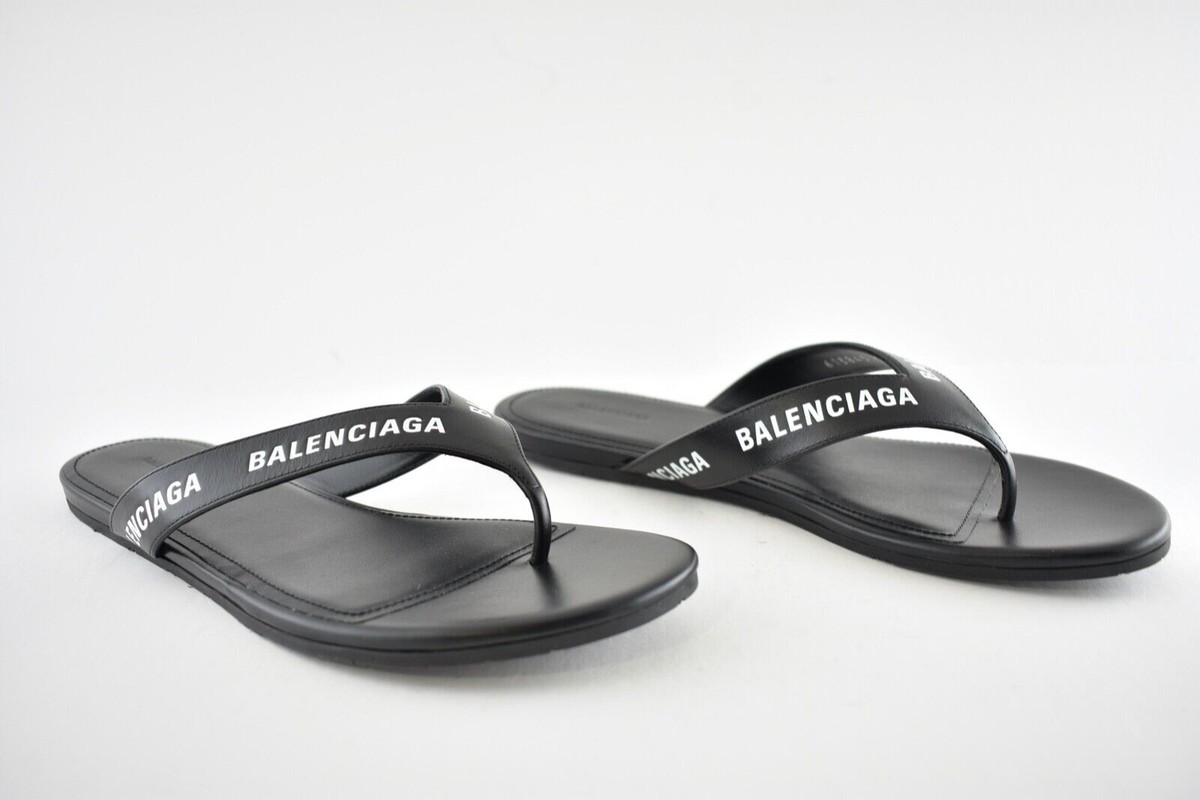 Balenciaga Black White Leather Logo Thong Slide Slip On Sandal