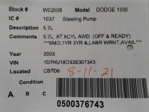 Power Steering Pump Thru 12/05/03 Fits 02-04 DODGE 1500 PICKUP 1318186 - Imagen 4 de 12
