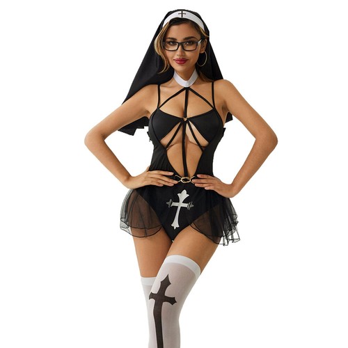Sexy Naughty Nun Cosplay Women's Lingerie Dress Uniform Halloween Costume Suit