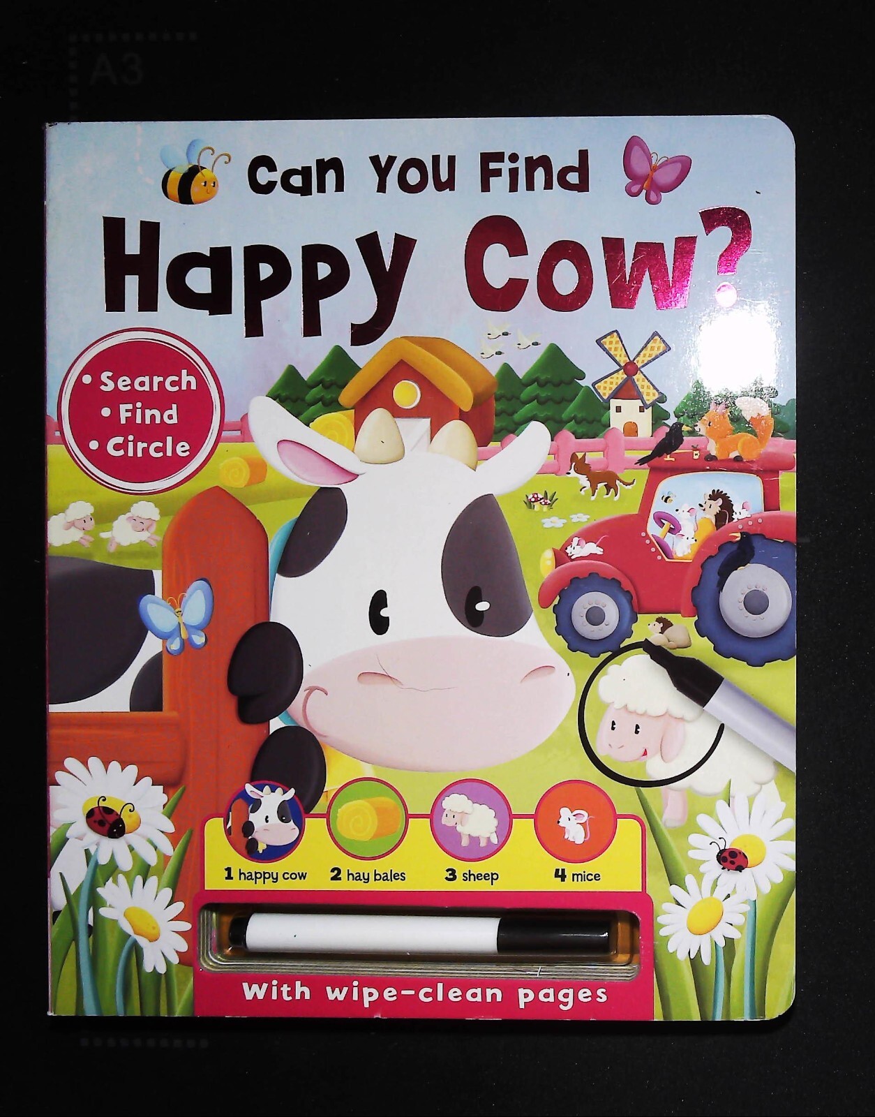 Happy Cow First Search & Find Wipe Clean Board Book NEW Can You Find & Circle