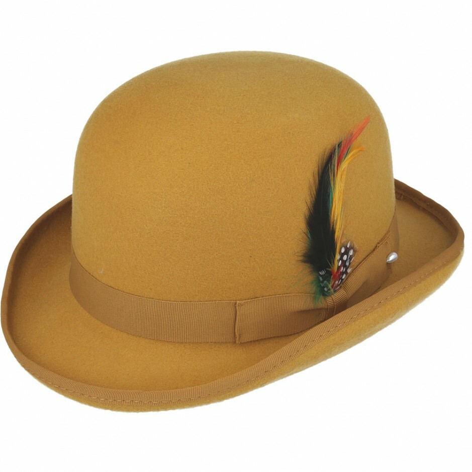 Mustard 100% Wool Bowler Hat High Quality with Removable Feather
