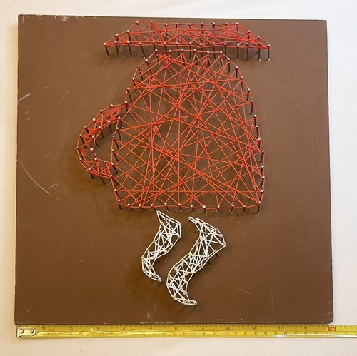 String Art Hot Coffee Cup On Wood Art Hanging Wall Decor 12” MCM - Picture 6 of 6