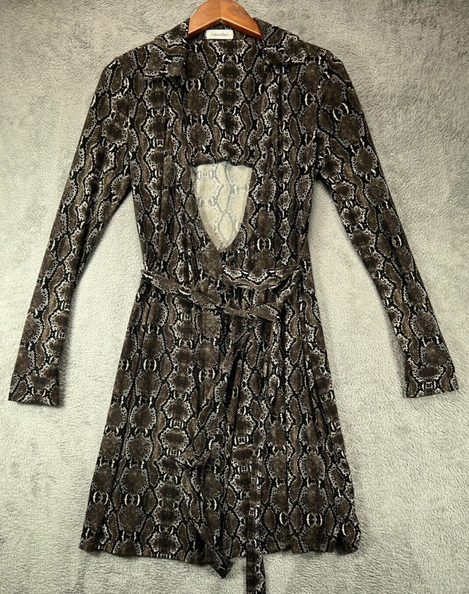 Calvin Klein Womens XS Wrap Dress Brown SnakeSkin Print Slinky Long Sleeve  | eBay