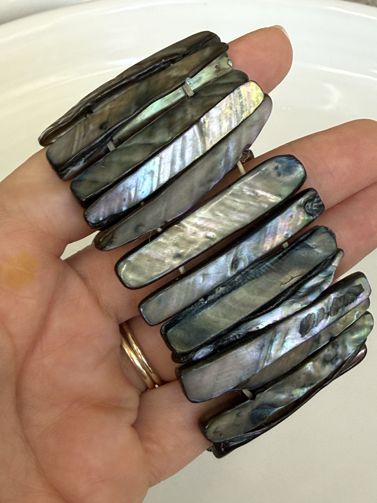 Wide Abalone Shell Stretch Bracelet Iridescent Pa… - image 2