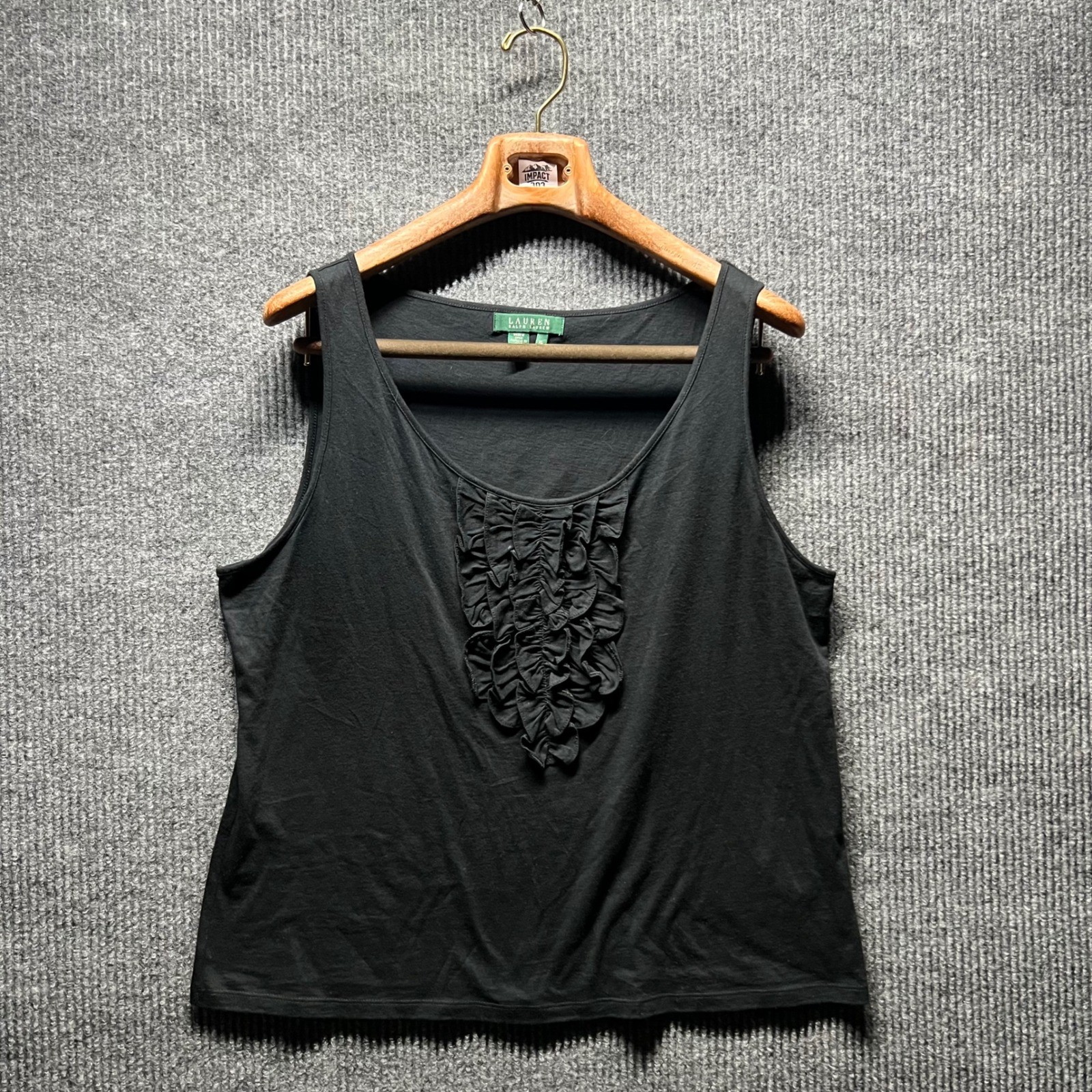Lauren Ralph Lauren Tank Top Women XL Black Ruffle Bib Sleeveless Cotton Shirt
