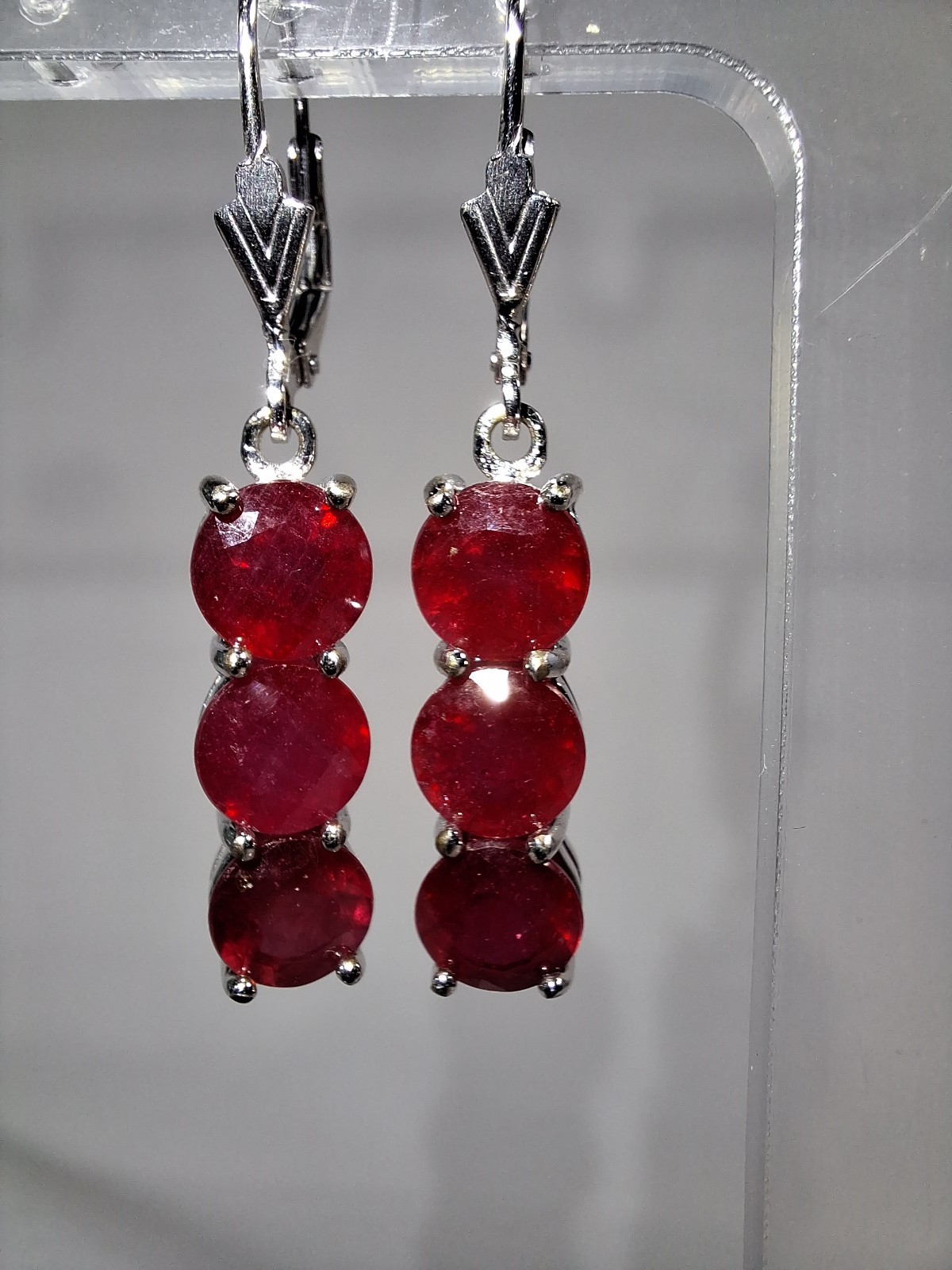 Sterling Silver 3 Ruby Dangle Lever Back Earrings - image 1