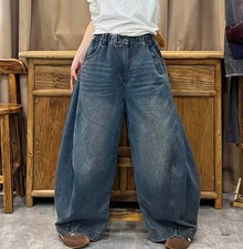New Womens Denim Wide Leg Pants Jeans Loose Elastic Waist Casual Trousers Pants