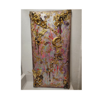 16x20  Mixed Media 3D Abstract Gilded Floral Moonw/Jewel accents wall decor
