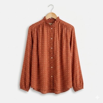 MILLE Rust Polka Dot Ruffle Neck Viscose Blouse Terracotta Boho Small