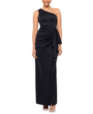 XSCAPEWomens One Shoulder Ruffled Long Fit and Flare Dress in Black Sz 8