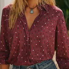 Vintage 80s Geometric Burgundy Print Polyester Button Down L