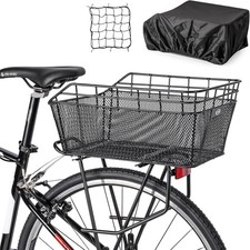 Bike Basket Rear with Cargo Net and Waterproof Cover, Wire Bicycle Basket Large