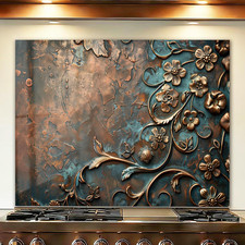 Tempered Glass Backsplash for Kitchen, Retro Plum Blossom, Frameless, Stove Back