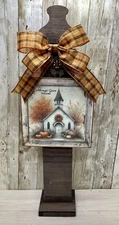 New Rustic Fall Always Give Thanks Sign Set W/Display Post &Bow 18 3/4”