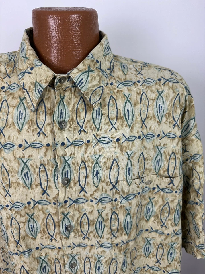 Vintage 90s Hawaiian Shirt Men XXL Fishing Tribal Geometric Cotton Campia Moda - Image 2 of 4