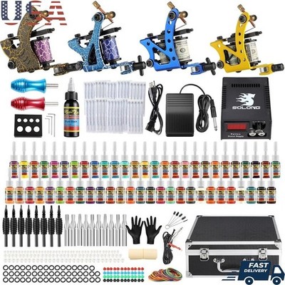 Tattoo Kit 4 Machines LCD Power Supply 54 Bottles Practice Ink Beginner Use