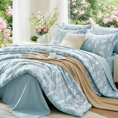  Mineral Blue Cal King Comforter Set, Cal King(104''x96'') Mineral Blue Leaves