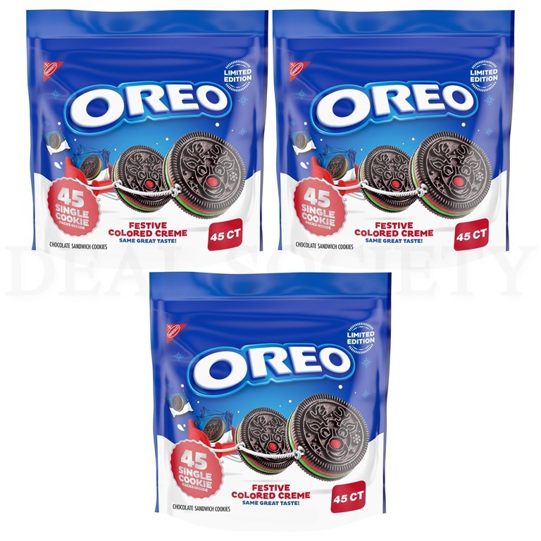 OREO Red and Green Festive Colored Creme Cookies Snack Packs 45 Count Lot of 3