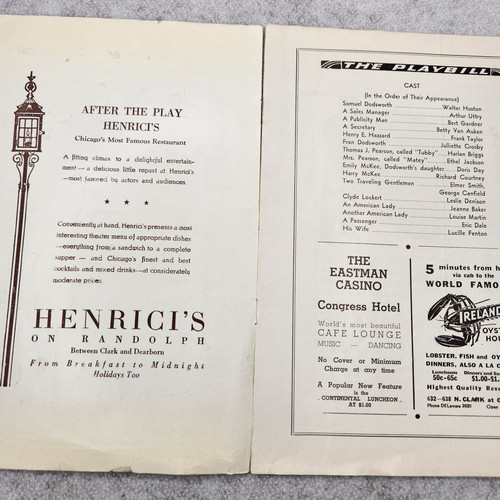 1935 DODSWORTH Walter Huston Chicago Erlanger Theatre Stagebill Program