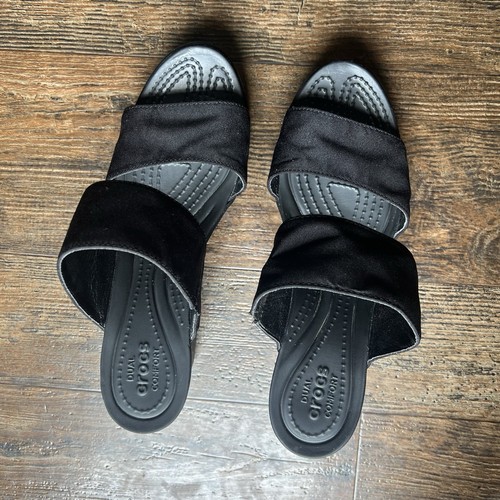 Crocs Leigh 2 Women's Black Strappy Wedge Heels, Size 9 Worn Twice Dual Comfort - Picture 3 of 7
