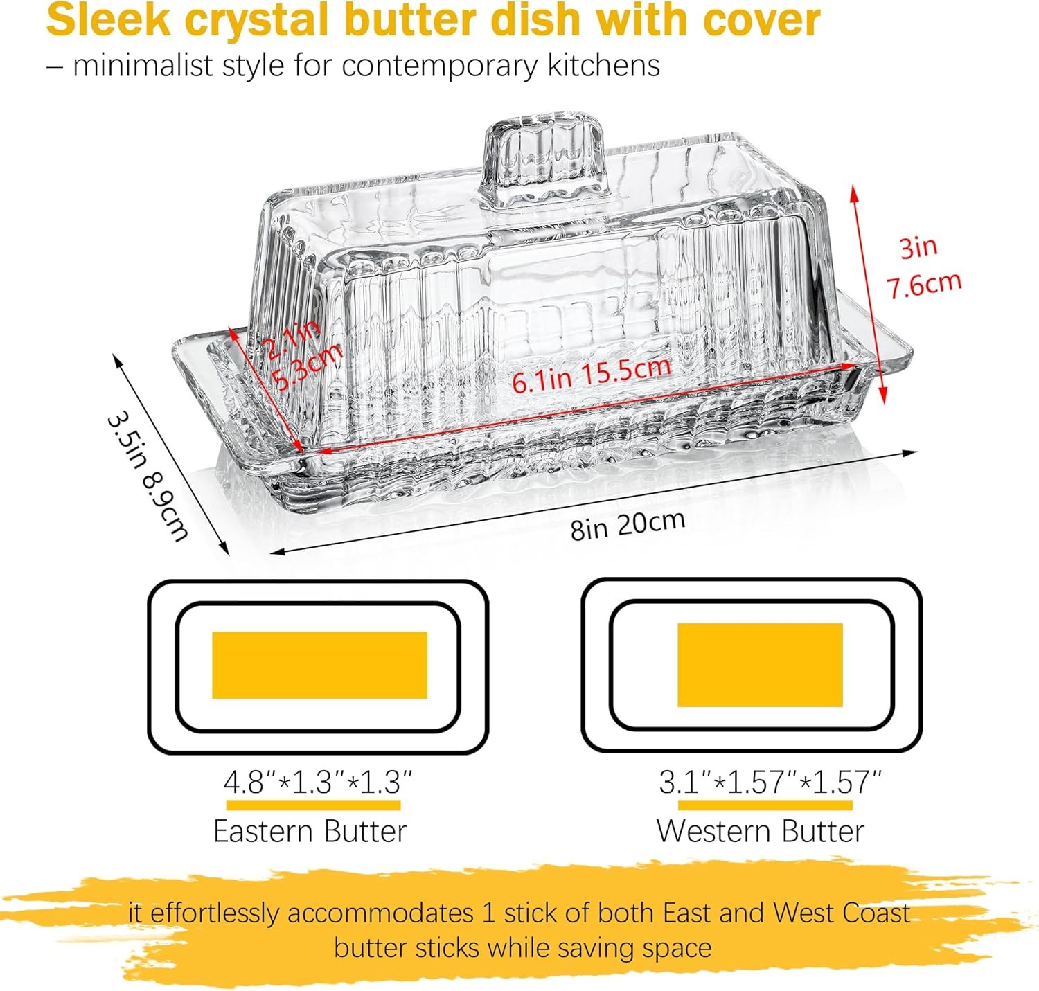 kanpura Butter Dish with Lid for Countertop, 8 x 3.5 x 3inch,Clear, Clear 