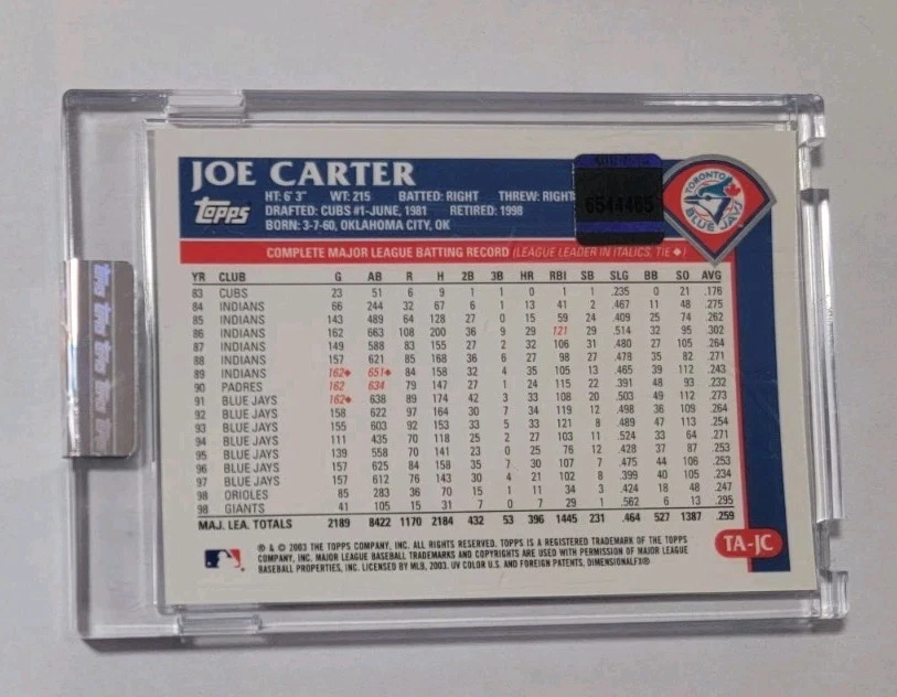 2003 Topps Retired Signature Joe Carter #TA-JC Autograph - Image 2 of 2