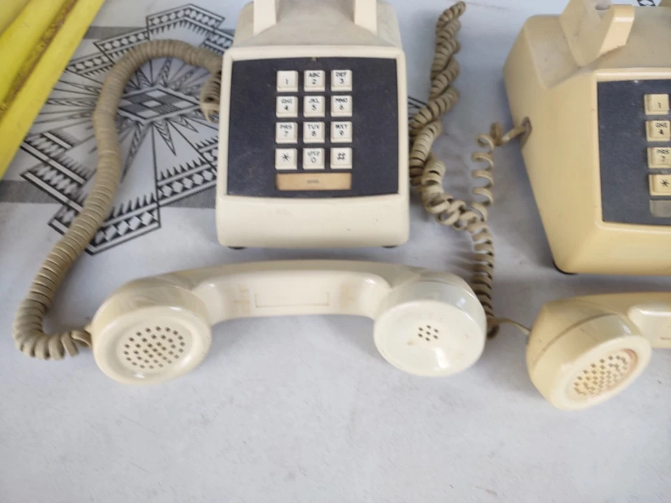 Pair Of Vintage Business Office Desk Phones Yellow & Cream For Parts Or Repair  - Image 4 of 4