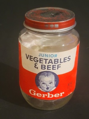 Vintage 1986 EMPTY Gerber Glass Jar Paper Label Junior Vegetables & Beef