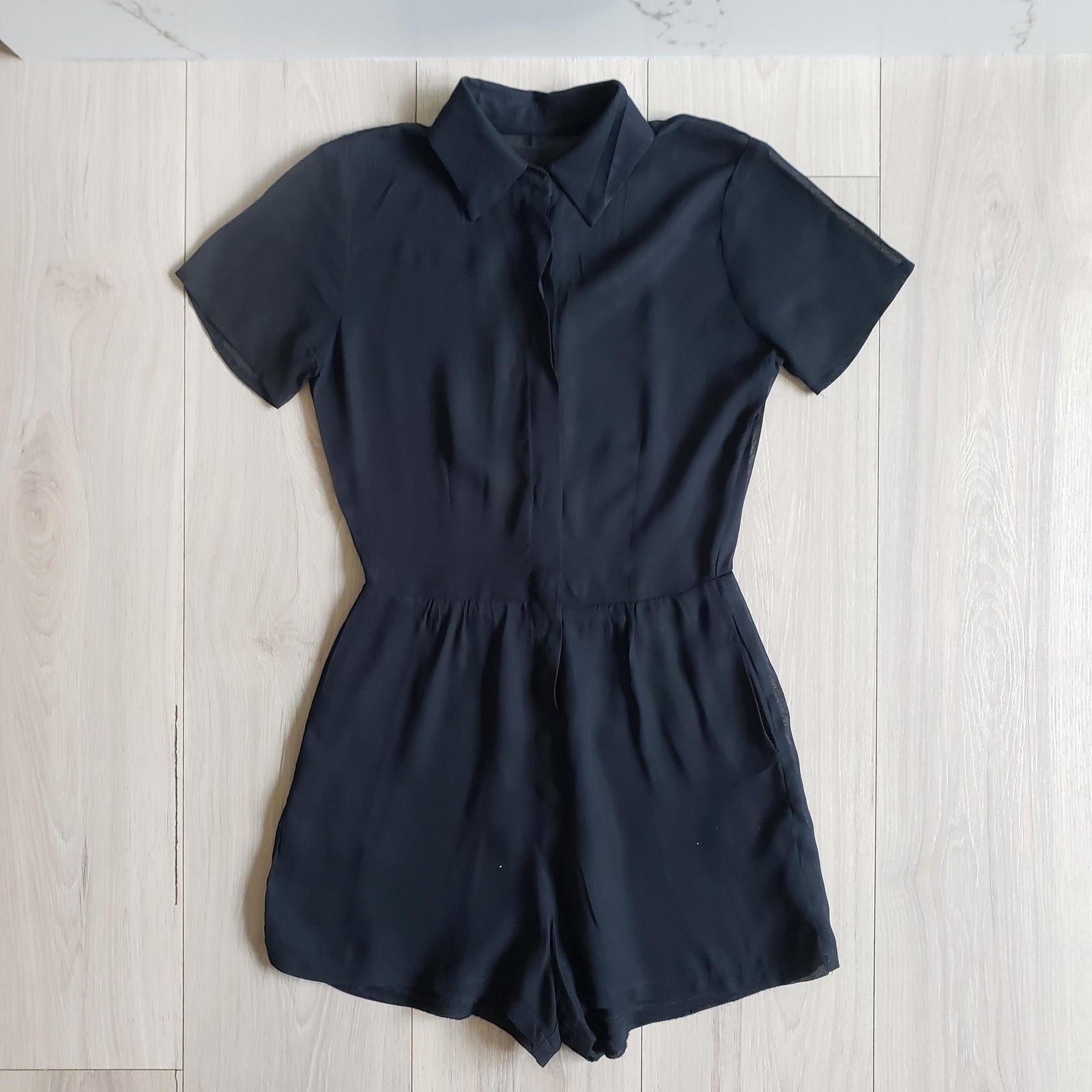 Reformation Mesh Romper Womens Black Collared Short Sleeve Button Front Shorts