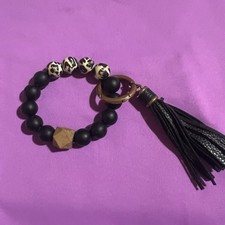Wood  Silicone Beaded Wristlet Keychain Leopard Print Faux Leather Tassel