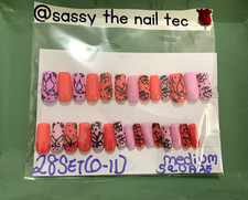 Medium Square Press-On Nails Pink/Coral Floral Shiny Full Cover 28Set 0-1U 