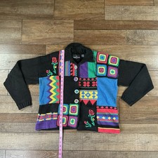 80s VINTAGE Womens Size M Carole Little Sport Patchwork Knit Sweater Jacket 3911