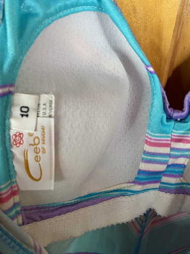 Vintage 70s Ceeb Of Miami One Piece Swimsuit Stripe Purple Pink Turquoise 10 Med - Picture 10 of 12