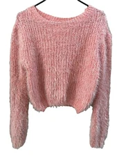 Sz S-M Women's Pink Soft Fuzzy Long Sleeve Short Sweater 18 in long Pullower