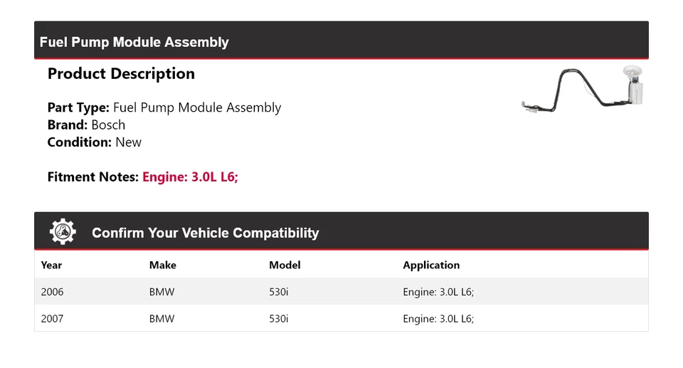 Conjunto de módulo de bomba de combustible Bosch para BMW 530i 2006-2007 3,0 L L6 Foto 2 de 4