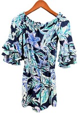 Lilly Pulitzer Calla Off Shoulder Romper High Tide Navy Ready Set Gecko XXS