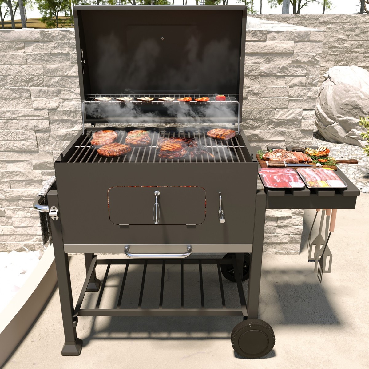 Barbecue A Carbonella Pieghevole In Acciaio Inox 130x32x71 Cm Per 5-15 Persone - Portatile Da Campeggio E Giardino Con Accessori - 2
