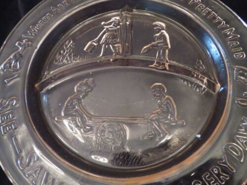 VINTAGE 3 PC. NURSERY RHYME BOWL, 3 SECTIONED PLATE, MUG PINK GLASS MOTHER GOOSE - Picture 3 of 14