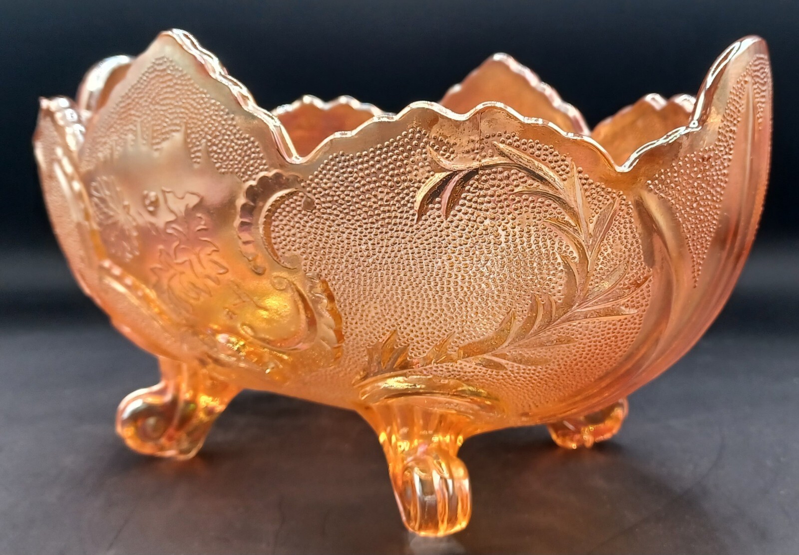 Vintage Lombardi 4 Toed Iridescent 10" Flora Gold Bowl By Jeannette