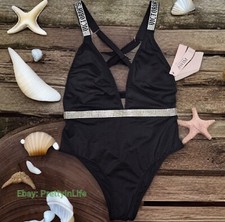Victoria's Secret Swim Shine Strap Plunge One-Piece Swimsuit black rhinestones