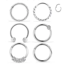 16G 6PCS Septum Nose Hoop Clicker Rings Lip Ear Cartilage Tragus Helix Earrings