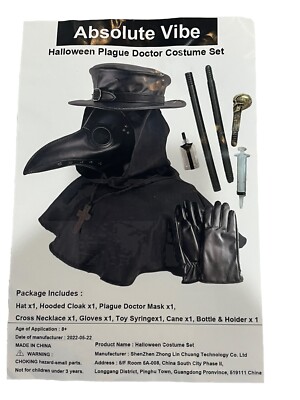 Plague Doctor Costume Hooded Cloak Mask Hat Gloves & Accessories Sz Lg