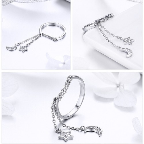 Anillo de plata esterlina 925 Voroco con colgante luna y estrellas dije circonio circular para mujeres joyería - Imagen 11 de 11