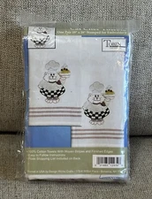 Tobin Cat Chef Kitchen Towels Stamped Embroidery Kit 18"x28" Striped T212939 NIP