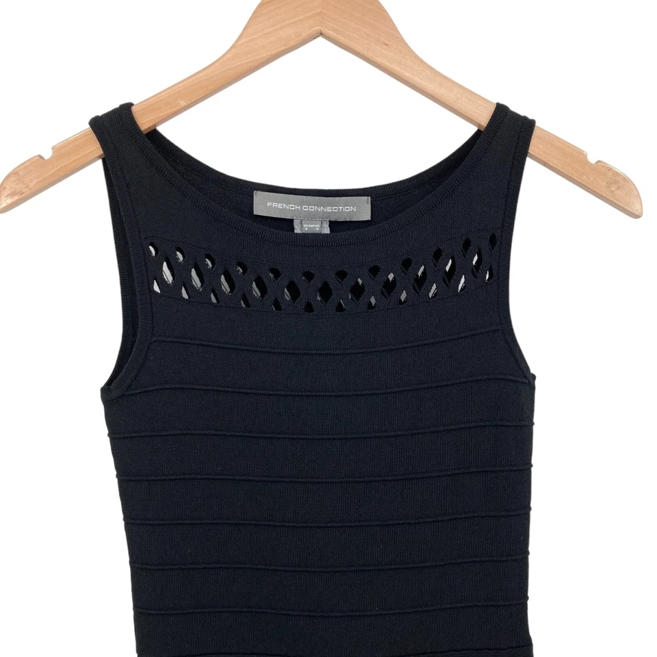 French Connection Fit & Flare Sweater Dress 0 Black Knit Sleeveless Hollow Cut - Image 3 of 4