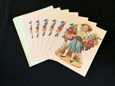 Vintage Victorian Girl Child Roses Floral Basket Stationery Note Cards Vtg Look